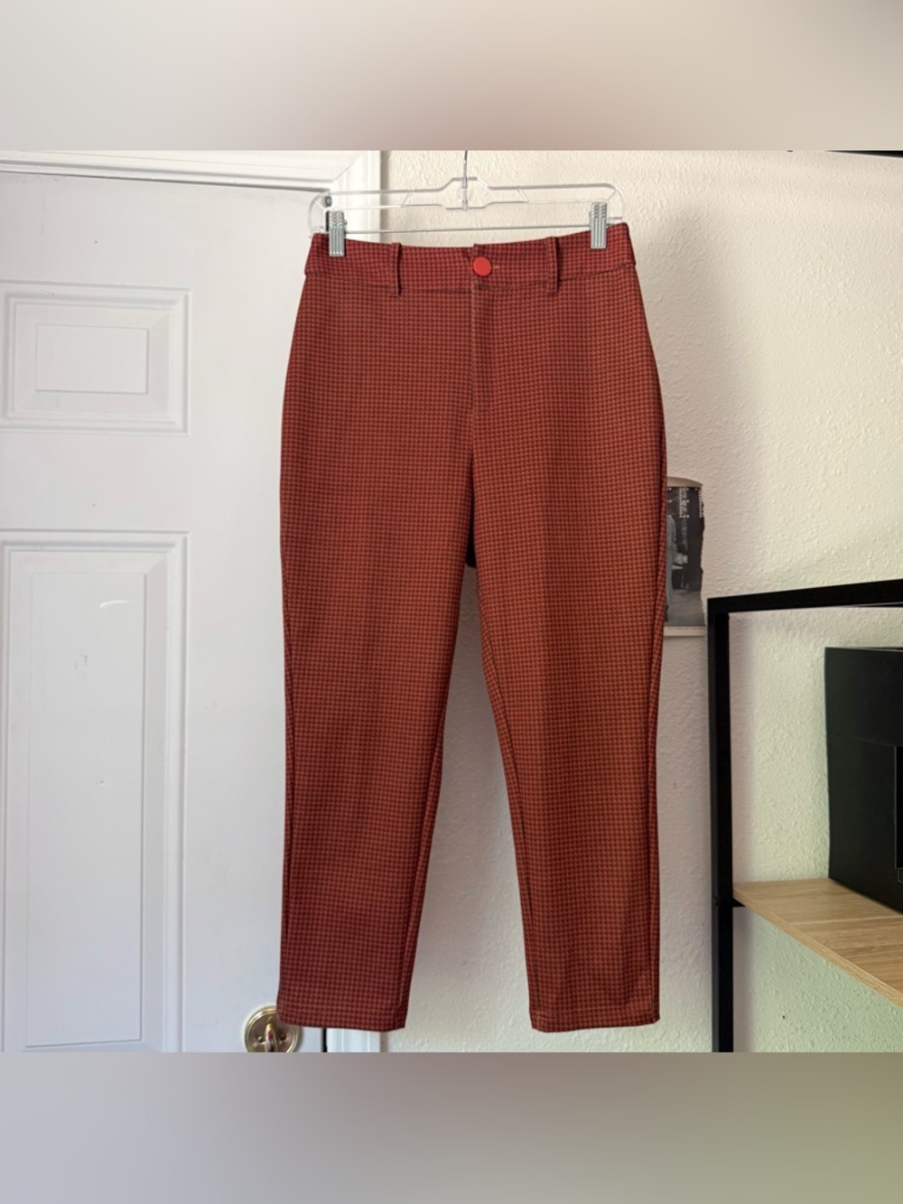 TAILOR & TWIRL pinup rust brown houndstooth pull on slim leg capri cropped pants
